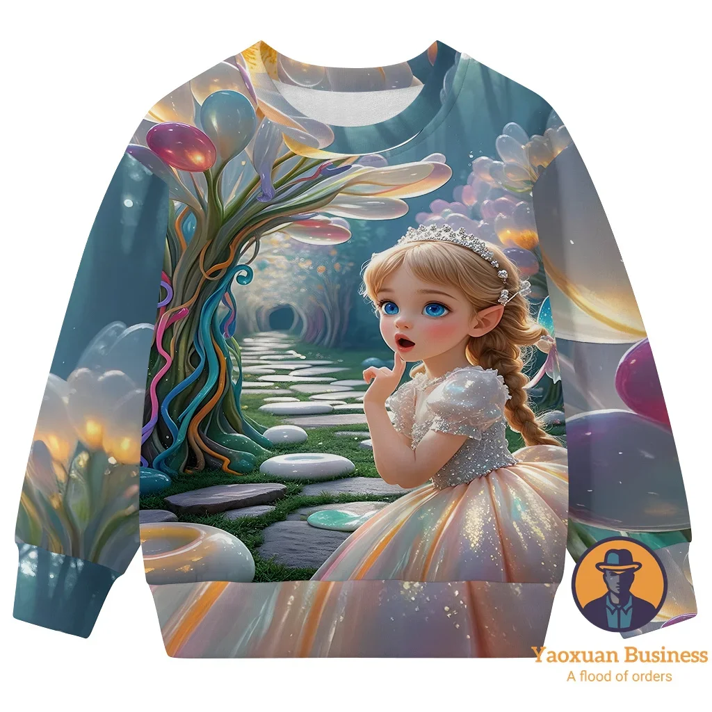 

Fashionable 2025 White Alice In Wonderland Little Boys Girls 3D Cartoon Print Crew Neck Sweatshirt Cute Windproof Warm Autumn