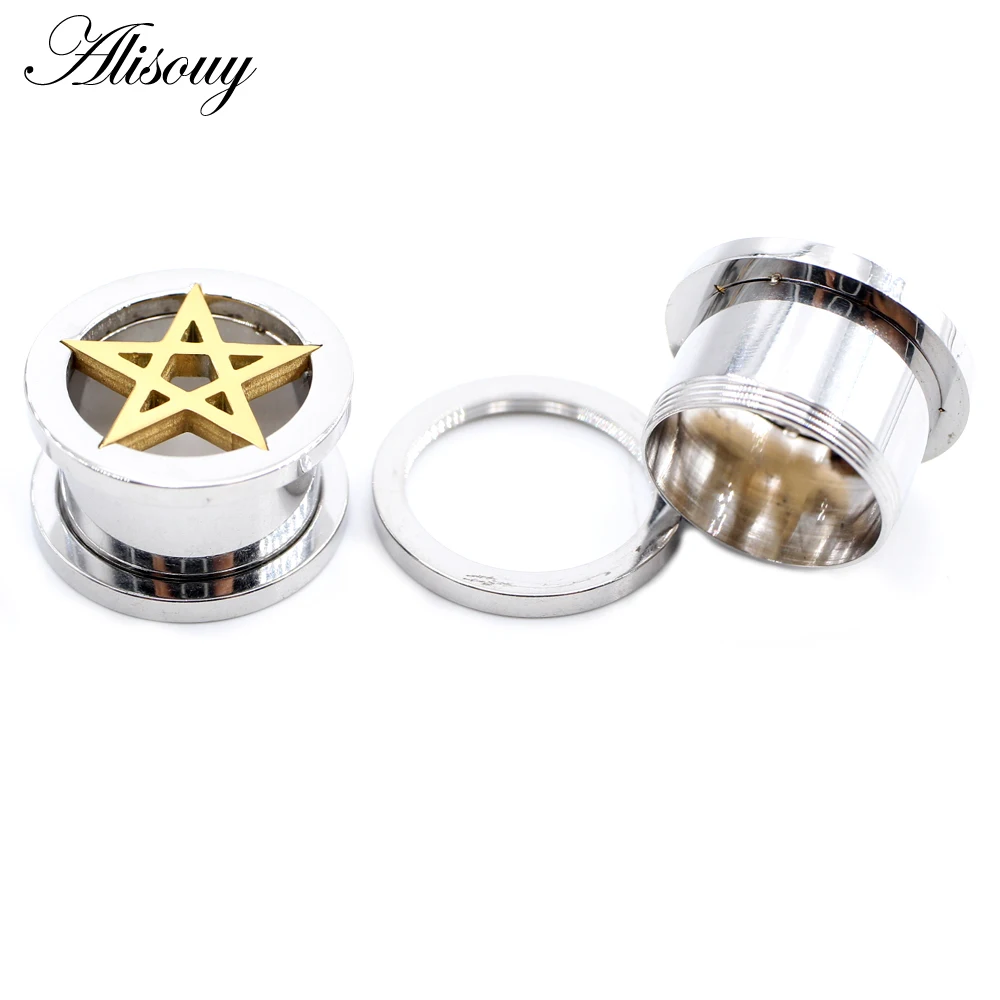 Alisouy 2PCS Edelstahl Emaille Stern Schraube Runde Ohr Messgeräte Tunnel Plugs Expander Keil Ohrringe Piercing Körper Schmuck