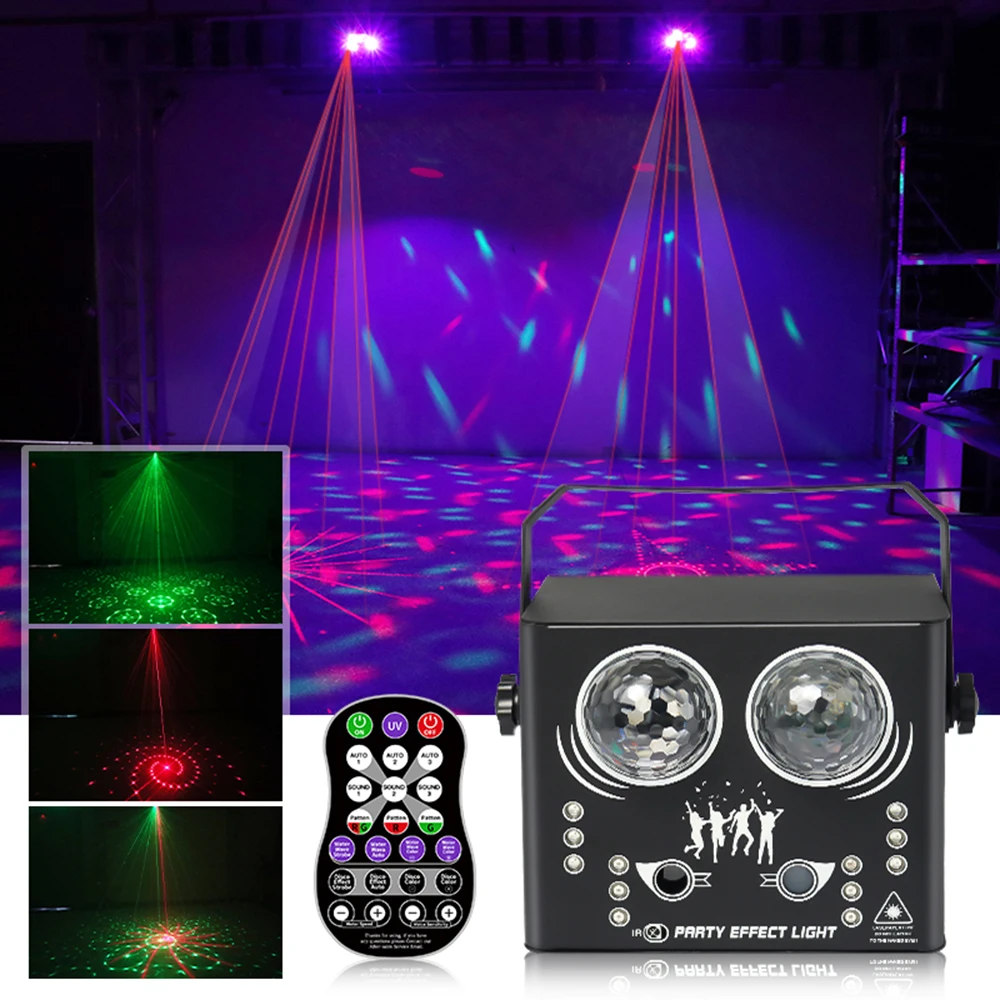 

DJ Disco LED 5IN1 LED Strobe Light Colorful Magic Ball Water Wave Pattern Laser Light Remote UV Stage Light Sound Activated Lamp