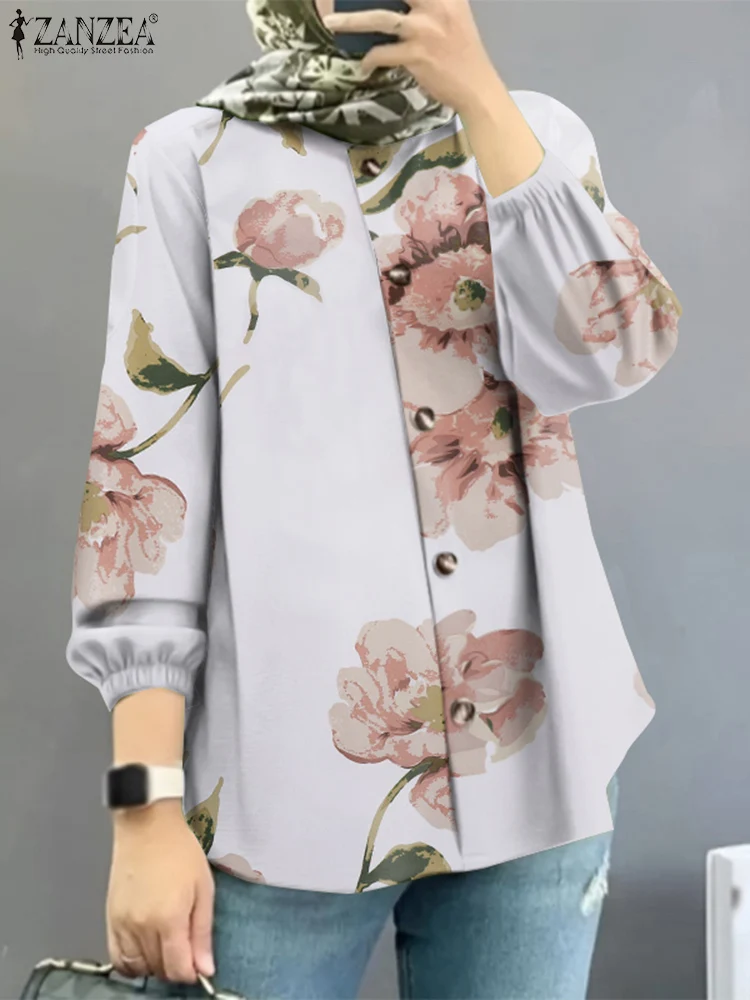 

2023 ZANZEA Fashion Eid Mubarek Shirt Bohemian Floral Printed Bouse Puff Sleeve O-Neck Muslim Tops Woman Vintage Loose Blusas