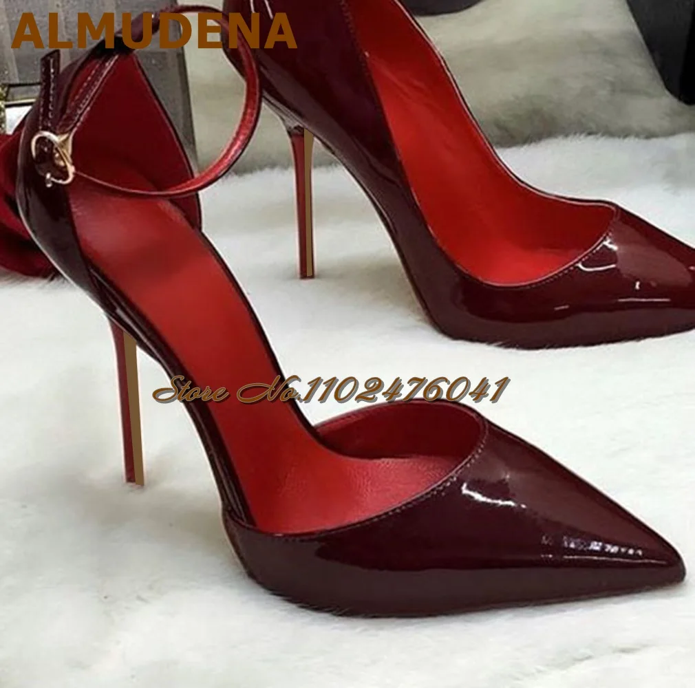 

ALMUDENA Burgundy Patent Leather Ankle Buckle Strap High Heel Shoes Pointed Toe Shallow Wedding Pumps 12cm 10cm 8cm