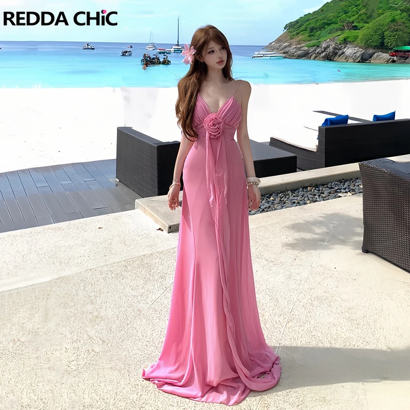 

ReddaChic Women Shirring Corset Long Dress Flower Fringe Cami V-neck Chiffon Flowy Maxi Long One-piece Hotties Summer Clothes