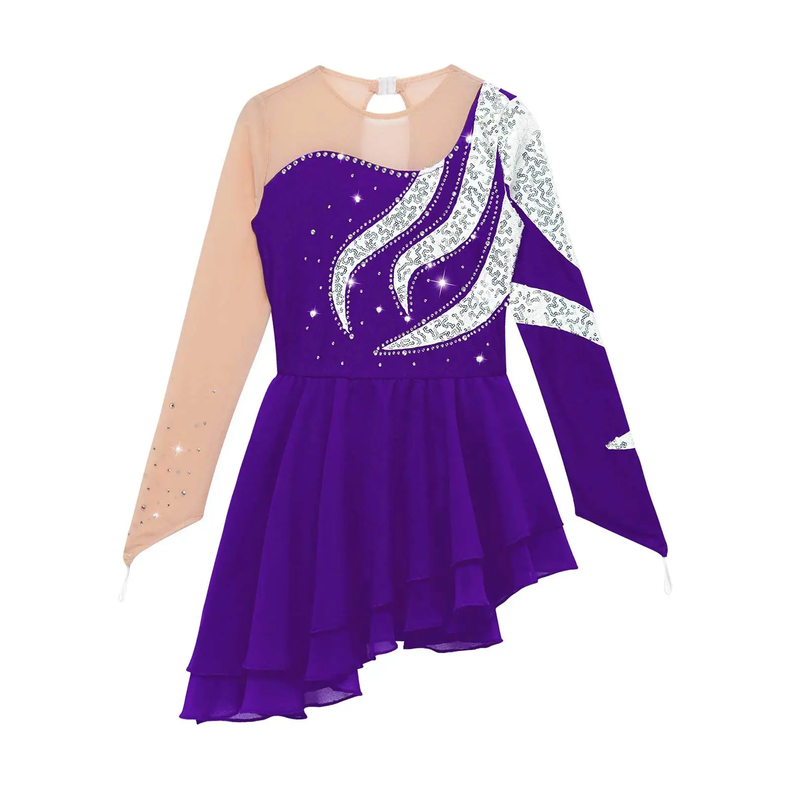 Kids Girls Figure Skating Ballet Tutu Ballroom Dance Dress Round Neckline Shiny Rhinestone Gymnastics Ballet Leotards Costume