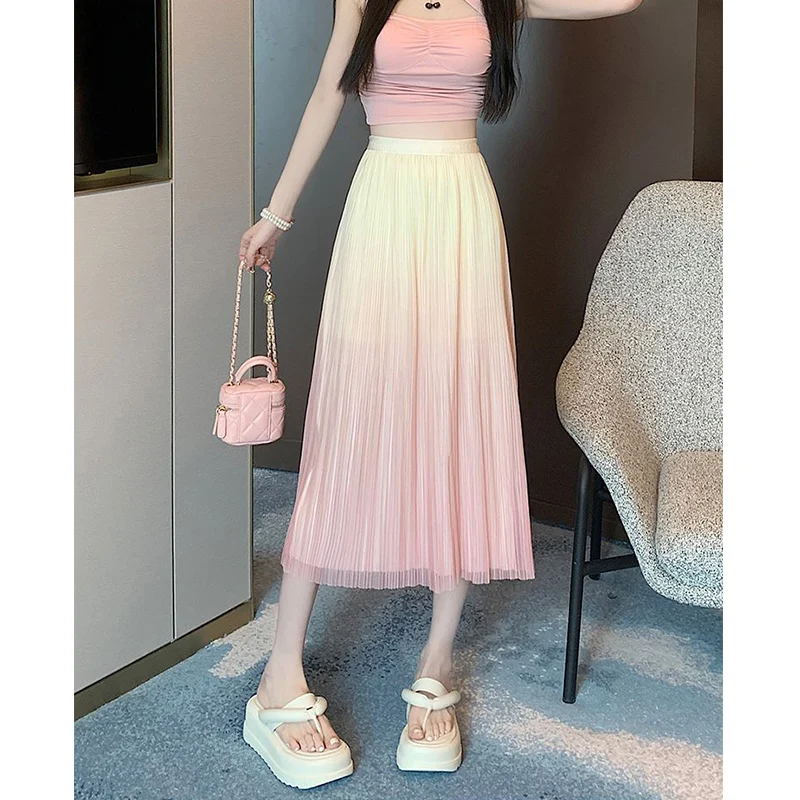 Spring Summer Elegant Fashion Elastic High Waist Pleated A-line Mesh Skirt Women Sweet Gradient All-match Skirts Female Clothes