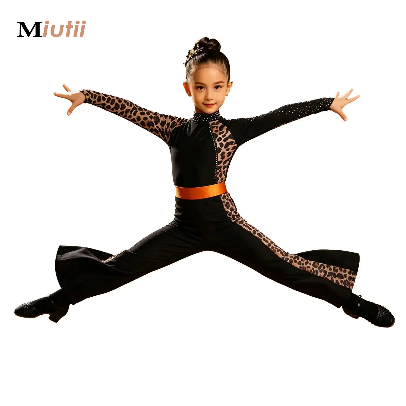 Kids Girls Printed Latin Dance Leotard Long Sleeves Thumbholes Bell-bottom Bodysuit for Jazz Salsa Rumba Dance Performance