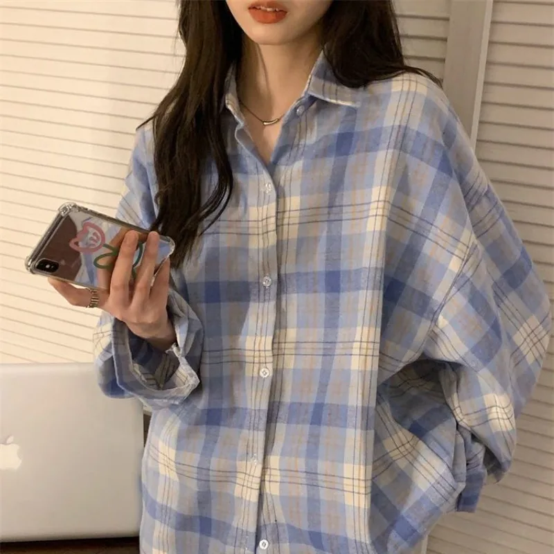 Plaid Shirt Women Fashion Loose Straight Single Breasted Pretty Style Blouses Casual Outwear Turn Down Collar Female Shirts