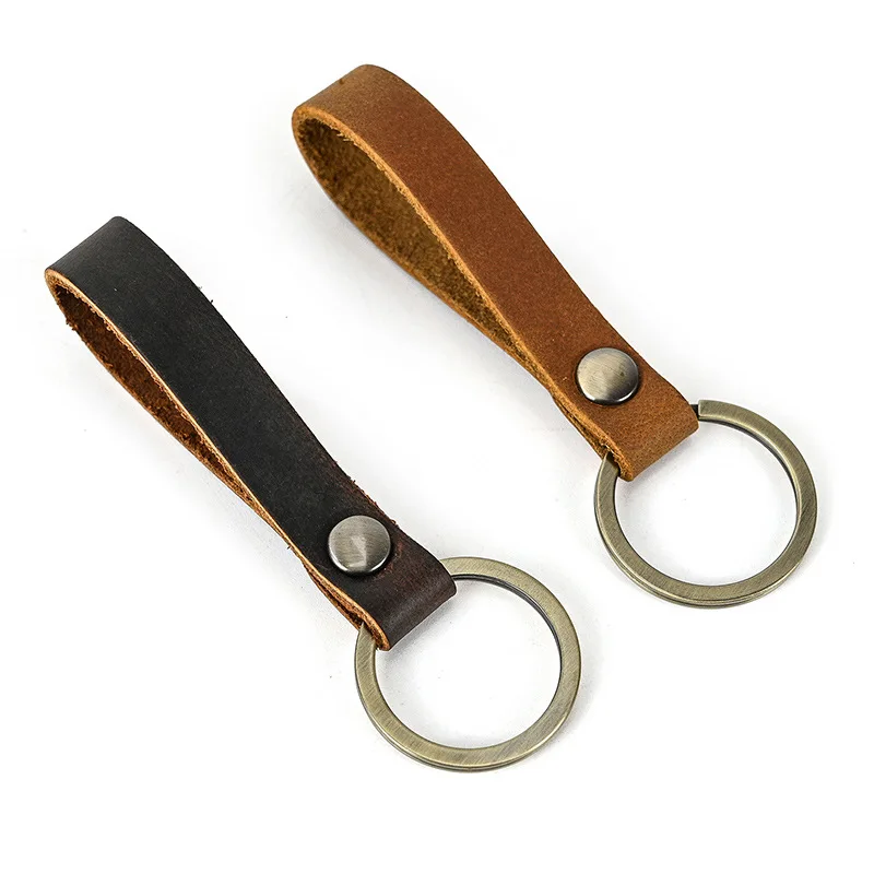 Vintage Brown Cowhide Car Keychain for Women Personality Leather Keyring Short Oil Corium Wristband Key Chains Lanyard Wholesale