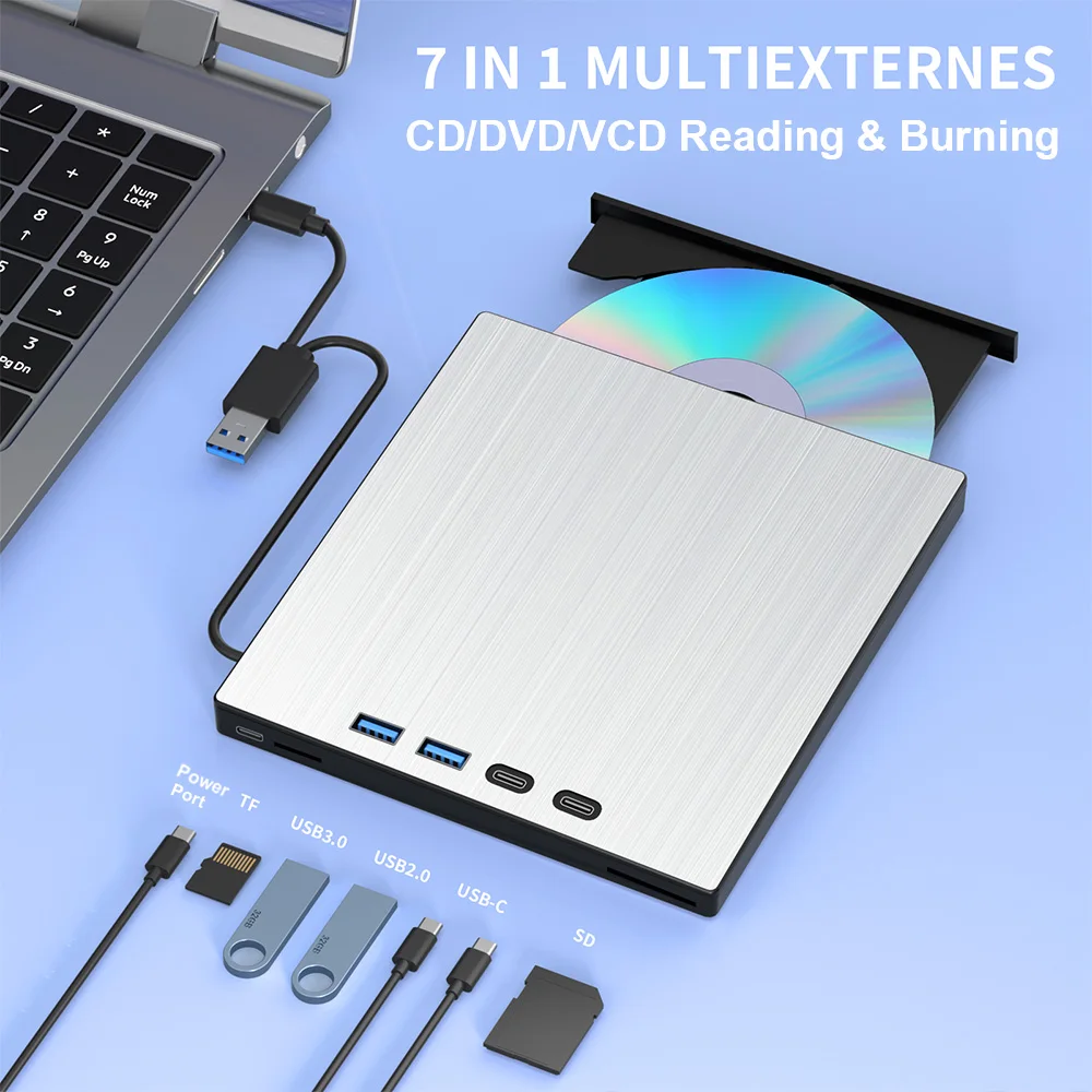 7-in-1 External CD/DVD Drive USB 3.0 Type-C DVD CD Disc Player Reader Burner with SD/TF Card Slot USB Ports for Laptop PC