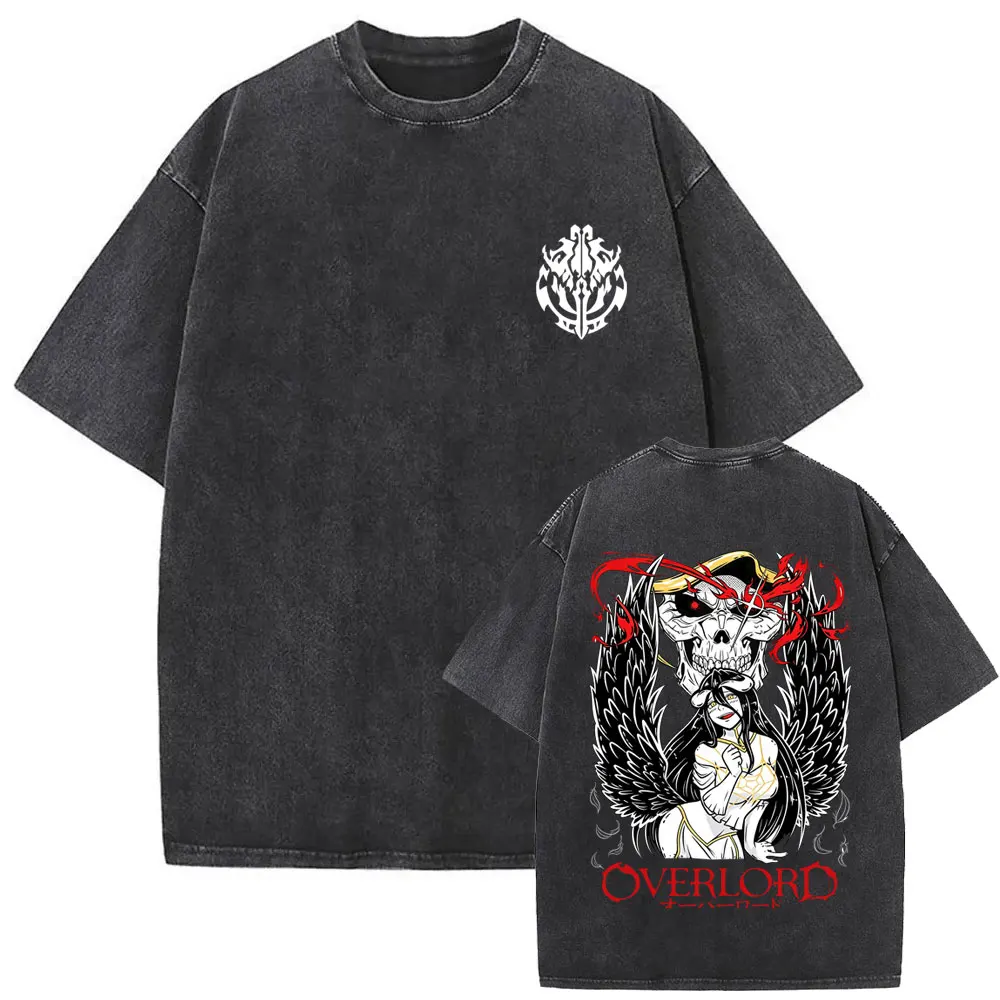 Washed Vintage Anime Overlord Albedo Ainz Ooal Gown Skeleton Graphic T-shirt Men Retro Oversized T Shirt Male  Manga Streetwear