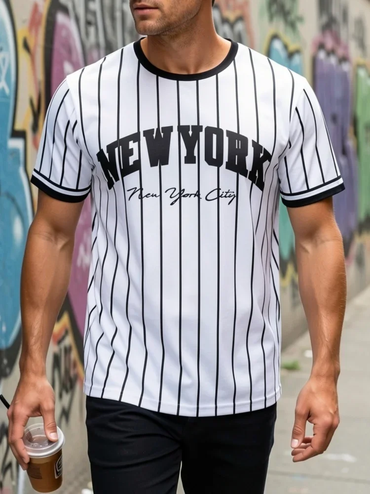 Men New York City Vertical Stripe Baseball T-Shirt Classic City Letter Print Casual Streetwear Short Sleeve Crew Neck Tee Tops