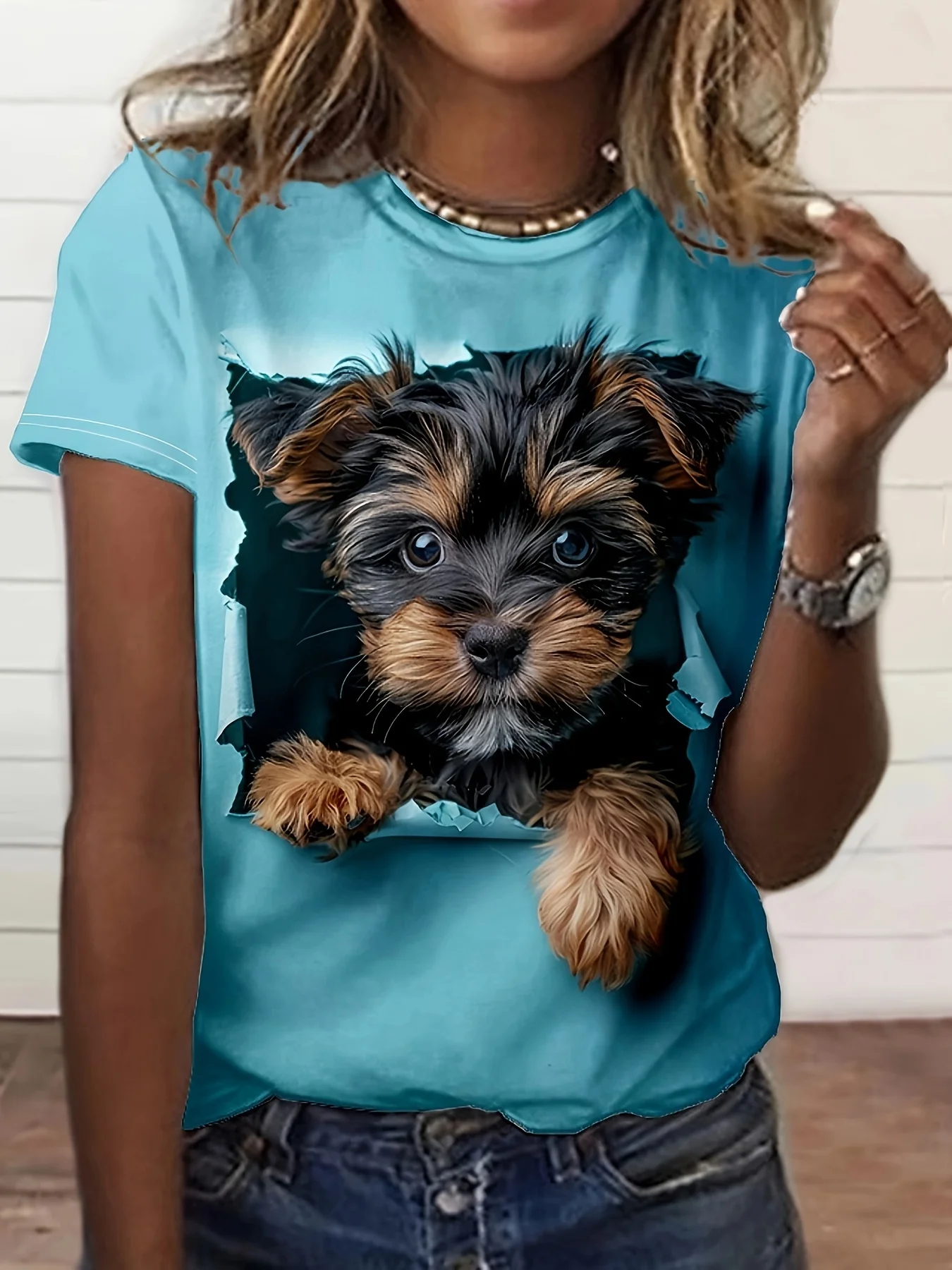 Women's T‑shirt Cute Dog Graphic 3D Effect Print Short Sleeve Crew Neck Summer Casual Daily Tops Women Clothing