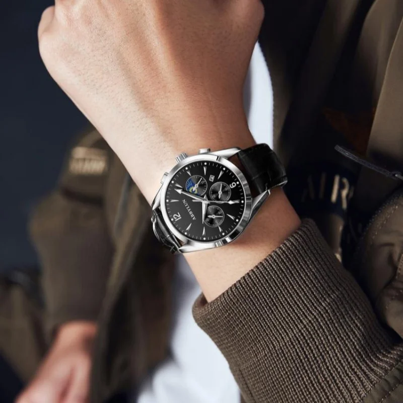 Abbylun-メンズクォーツ時計,ステンレス鋼ストラップ,多機能,3眼,ビジネス,防水,829