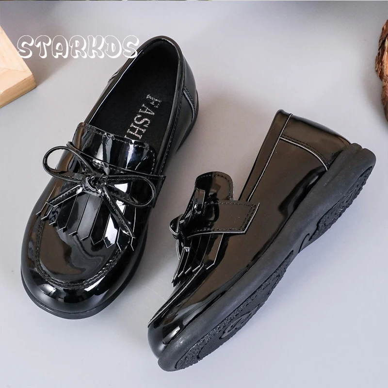 Patent Leather Bow Loafers Kids Girls Classic Tassel School Shoes Children Versatile  Casual Black White Slip-on Flat Zapatos