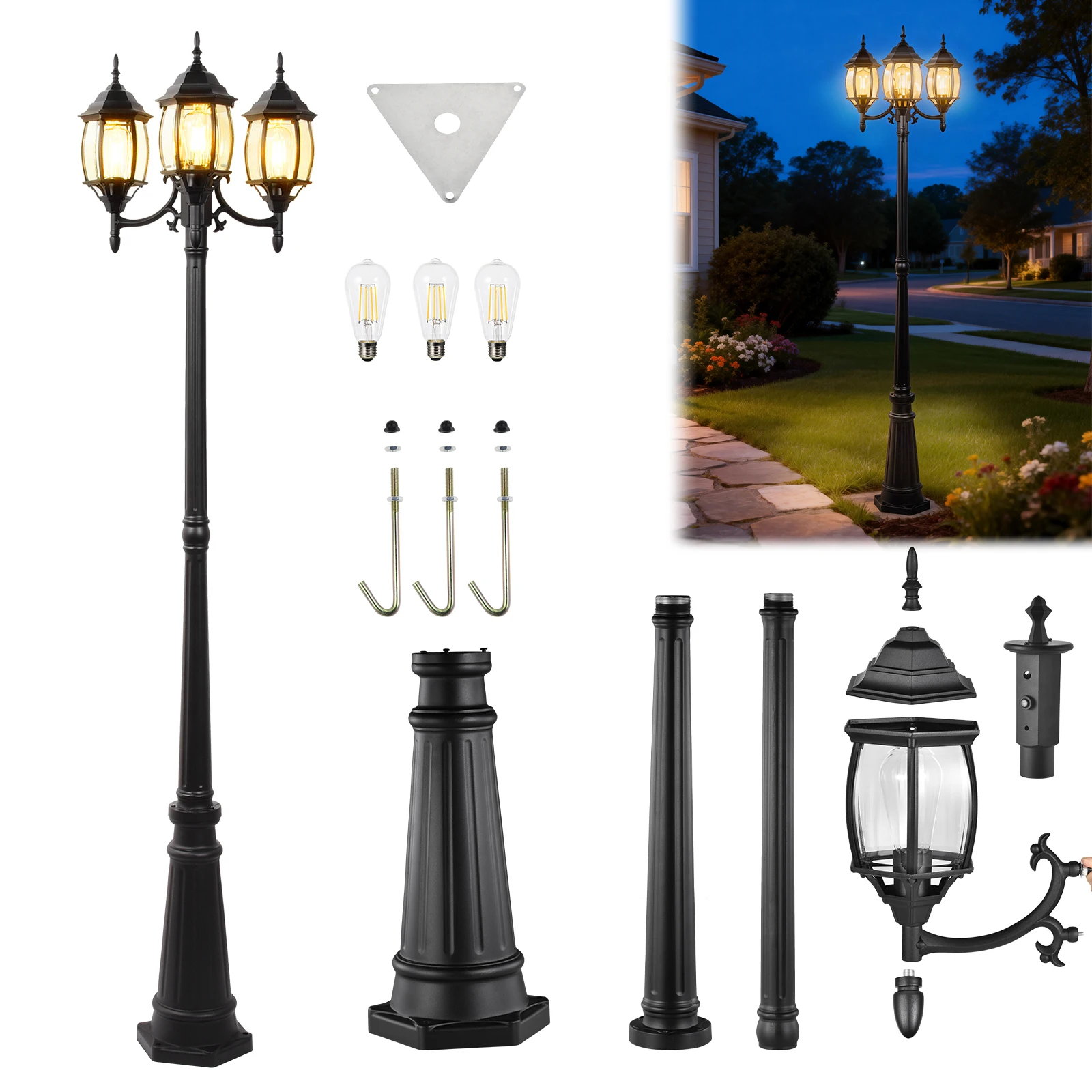 3-Head Outdoor Lamp Post Light, Dusk to Dawn Waterproof Aluminum Street Light with Sensor and Glass for Backyard Garden Patio Driveway