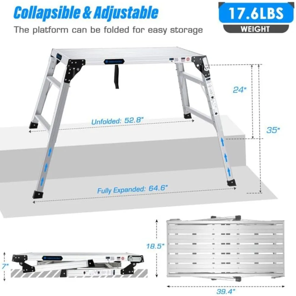 ORIENTOOLS Adjustable Work Platform, (39.4 X 18.5) Portable Folding Aluminum Step Ladder, Scaffolding Platform of Capacity 330 L