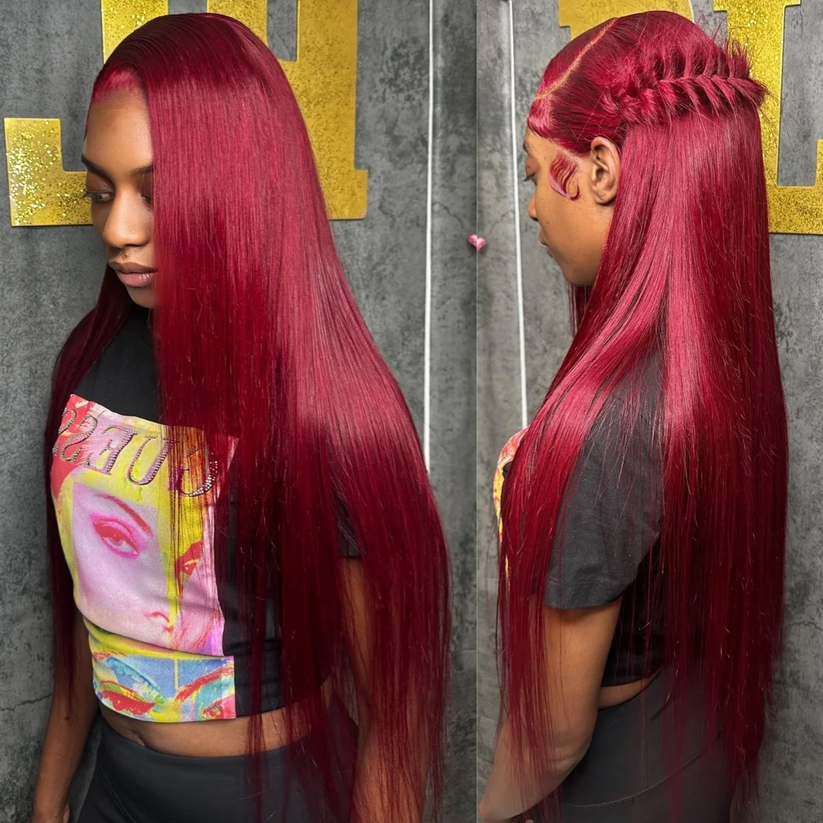 

13×4 Straight Lace Front Wigs Human Hair 220 Density Transparent Pre Plucked Red Color Lace Frontal Wigs For Women Burgundy99J