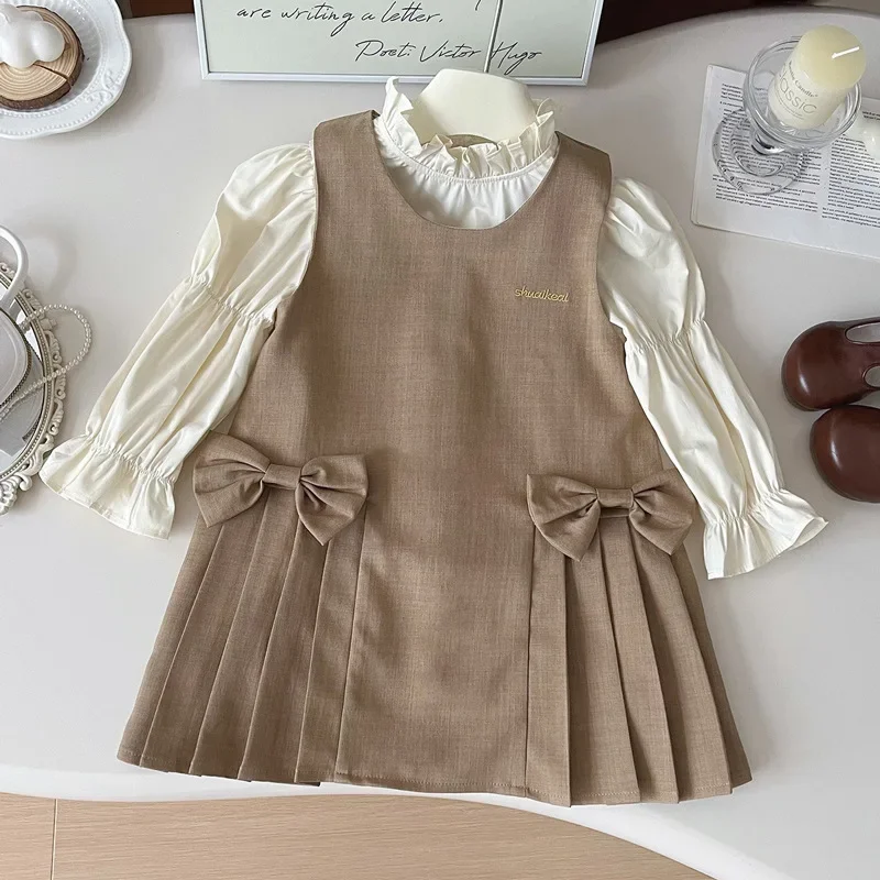 

Kids Girls Dress Suits Ruched Turtleneck Long Sleeve Solid Shirts+Sleeveless Bows A-line Pleated Dresses 2pcs Children Sets