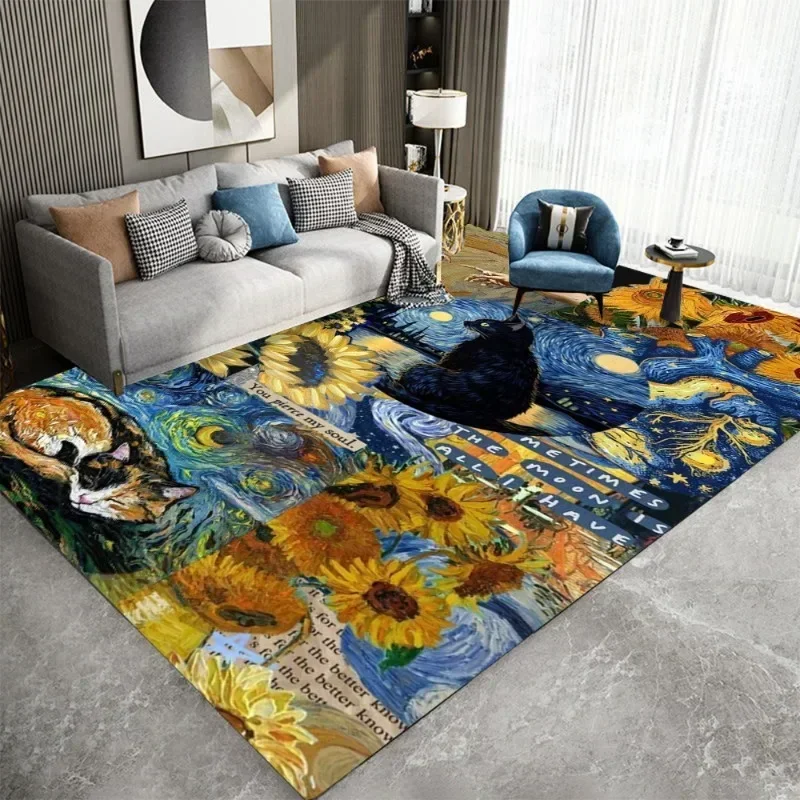 Van Gogh Style Impressionist Art Floor Carpet Starry Night Design Anti-Slip Rug for Kids Room Bedroom Living Room Home Decor