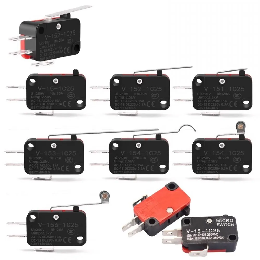 50PCS Micro Switch Travel Switch Limit Switch V-15 V-152 V-153 V-154 V-155 V-156-1c25 15A250V Momentary 1NO1NC Lever Roller