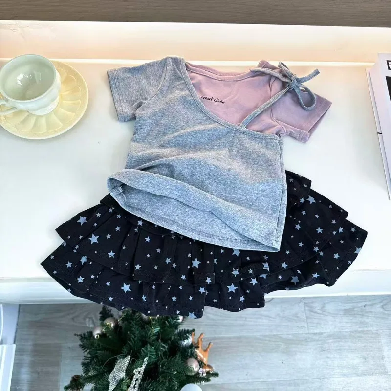 RAISE Summer Kids Girls 2PCS Clothes Set Letter Patched Children Girls Top Suits Star Printed 2-8Y Baby Girls Pleated Cake Skirt