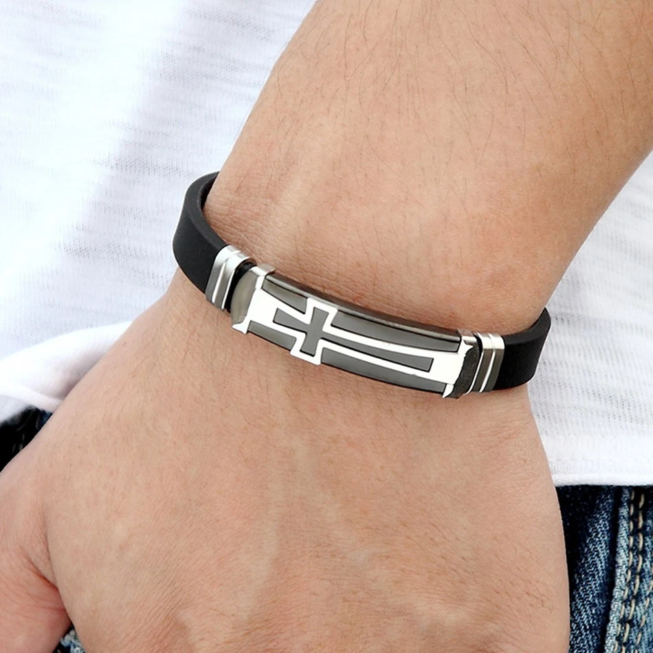 Good Quality Stainless Steel Cross Bracelet Black Silicone Belt Steel Clasp Bangle Men Women Christian Jewelry Accessory Present