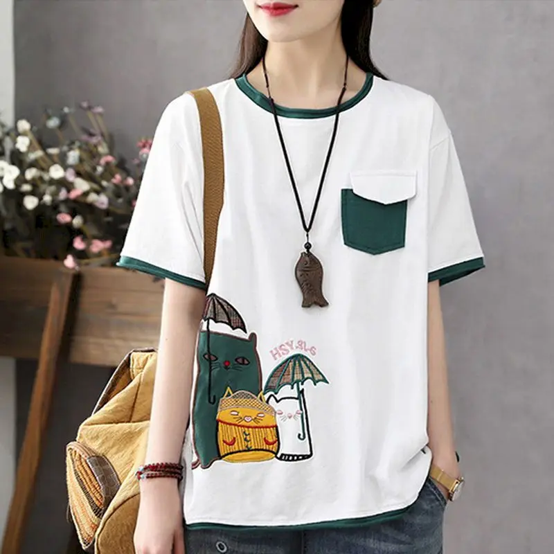 Fashion Cotton T Shirt Women Literary Short-sleeved T-shirt 2024 Summer New Patch Pocket Loose Casual Tops Womens Kawaii Clothes