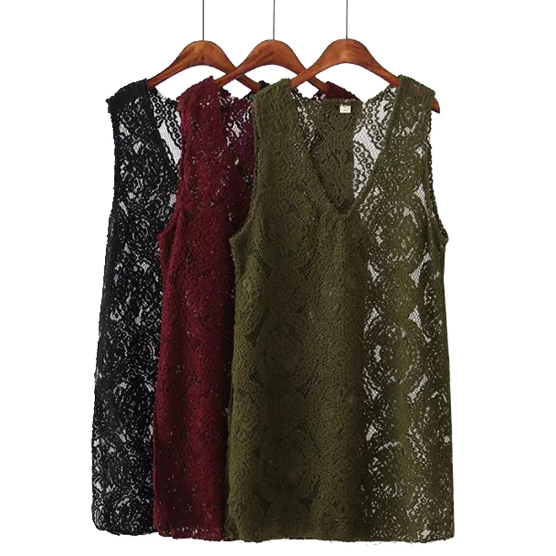 

Loose V-neck Lace Hollow out Sleeveless Vest Dress plus Size Women's Outerwear Cotton Summer Thin Straight Cut Dress