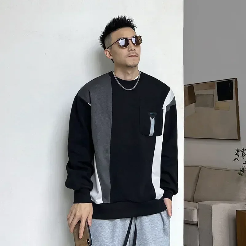 Men's Clothing Pullover Top Crewneck Sweatshirts for Man Hoodieless Pocket Designer Round Neck No Logo Spliced Cheap Winter Warm