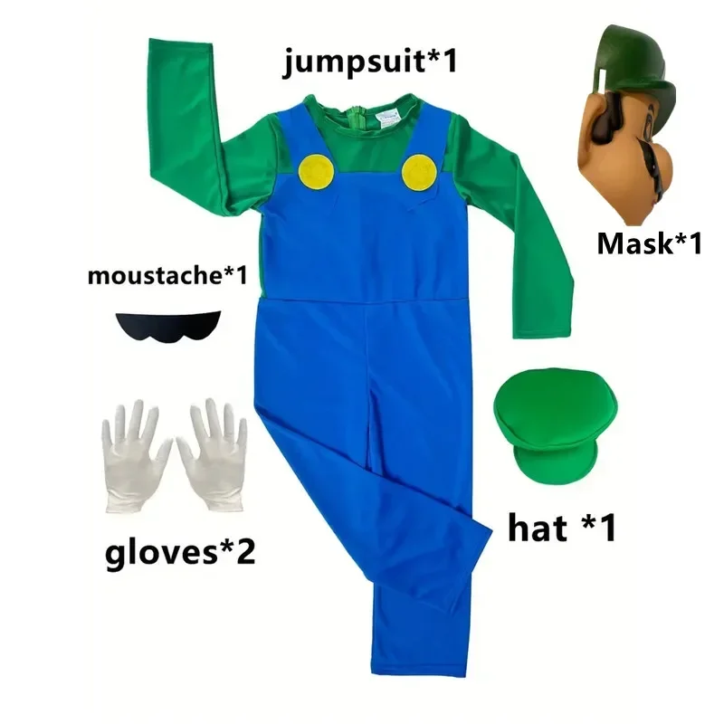 Fato de canalizador infantil com chapéu e máscara, bigode, luvas, macacão, festa de Halloween, vestir, jogo de desenhos animados, roupa cosplay para menino e menina