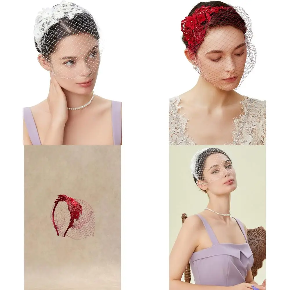 BABEYOND Bridal Wedding Veil Fascinator Mesh Lace Headband Tea Party Flower Fascinator Funeral Hats for Women