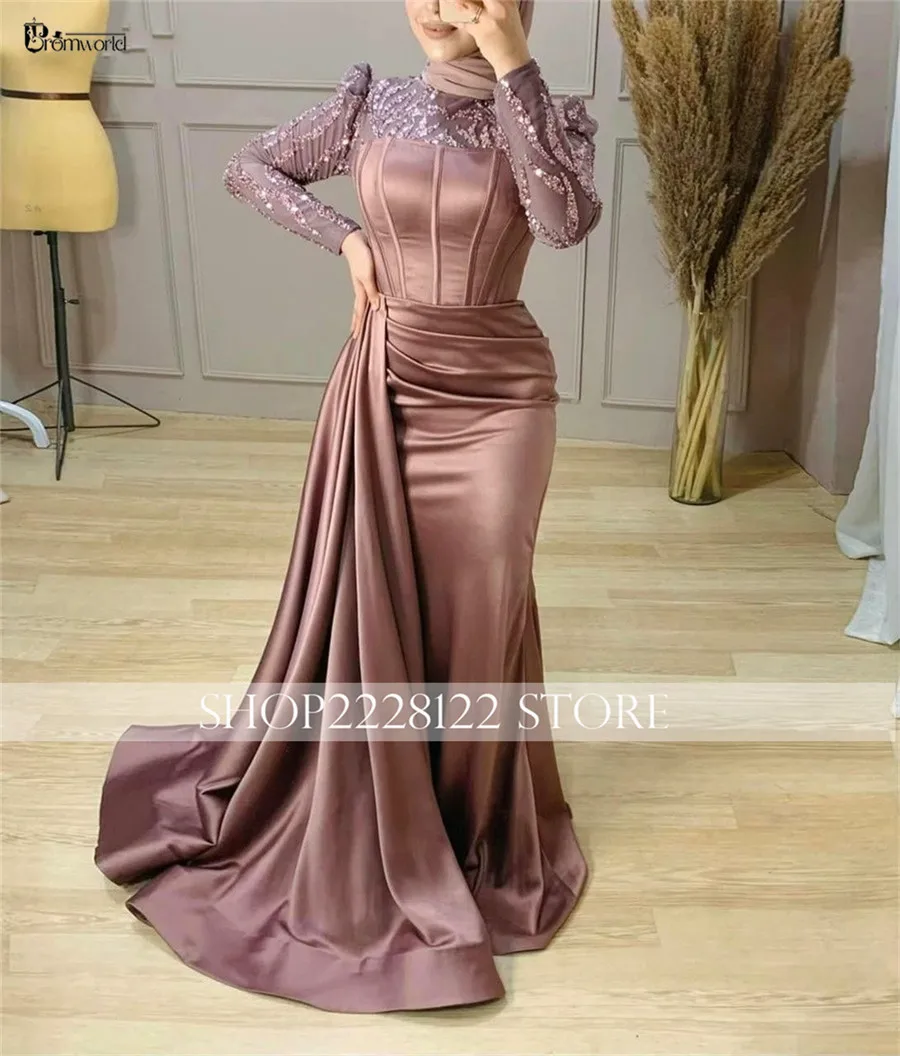 Long Sleeves Vintage Evening Gown Mermaid Beading Satin Elegant Arabic Hijab Formal Occasion Dresses Robes De Soirée