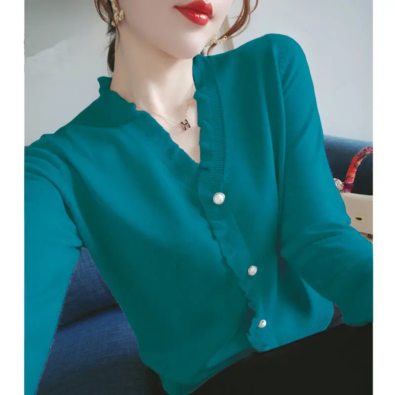 Elegant V-Neck Solid Color Button Spliced 2022 Autumn New Oversized Shirt Loose Casual Tops Commute Women\'s Clothing Blouse