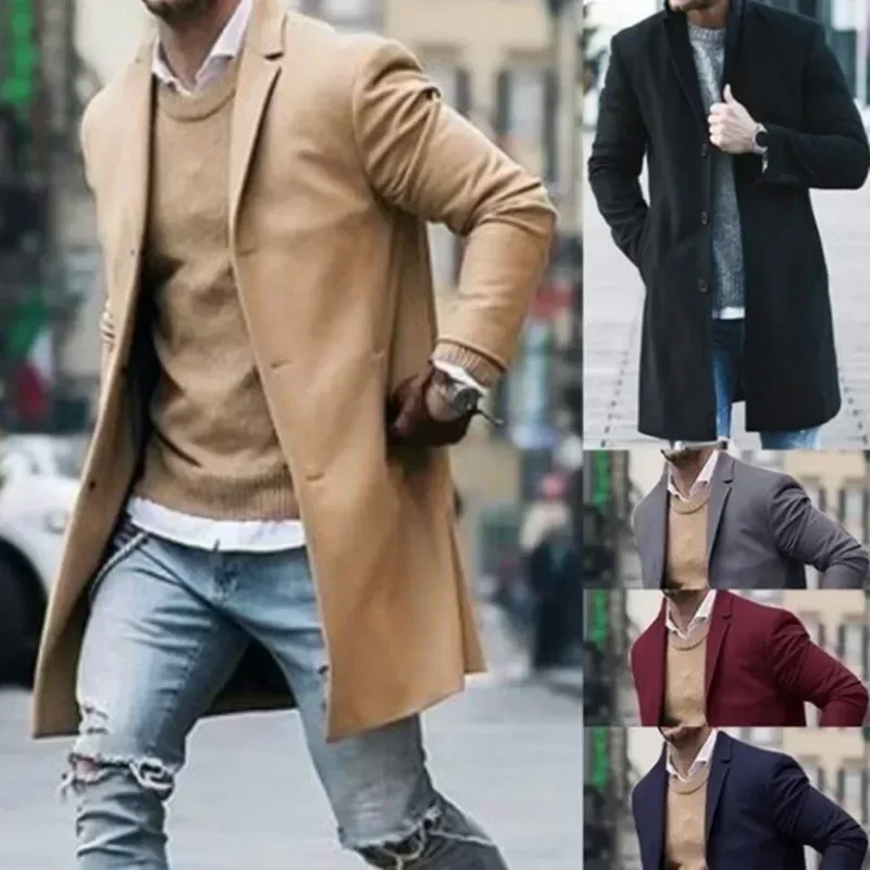 

Men's Windbreaker Woolen Blend Coat Autumn Winter Fashion Solid Color Single Breasted Male Pea Coat Large Size Trench