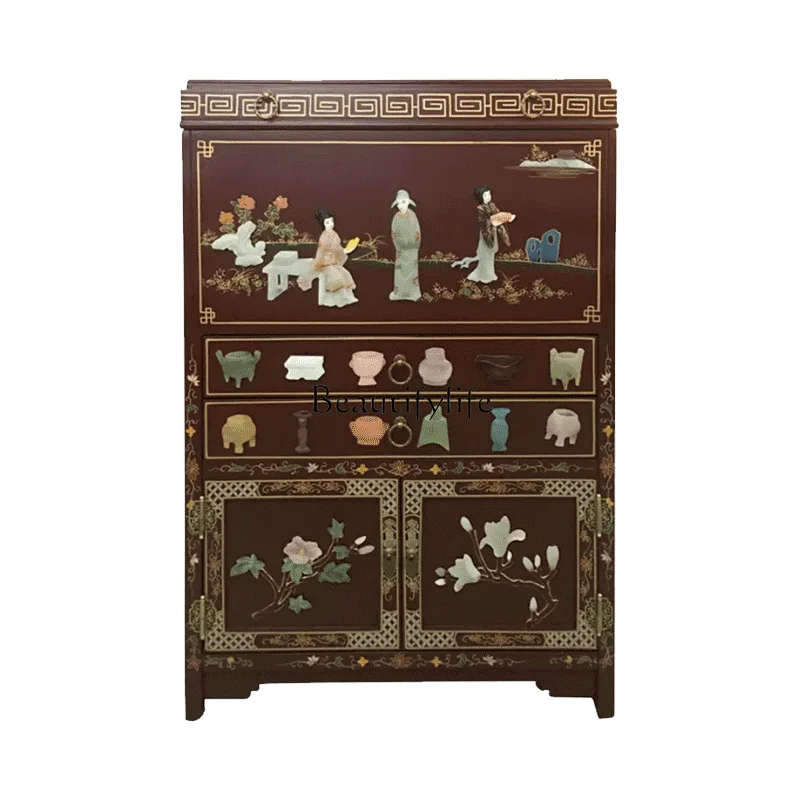 

*New Chinese-style carved furniture, living room, neoclassical handmade bone stone flower and bird wine cabinet