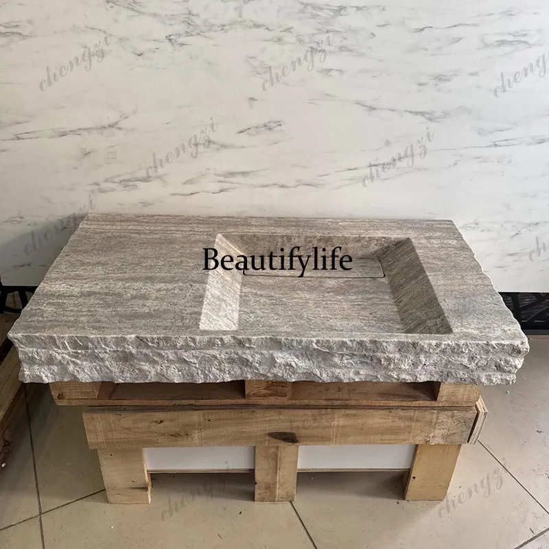 P37 Wabi-Sabi Style Natural Travertine Washbasin Rectangular Art Single Basin Bathroom Bathroom Wall-Mounted Style