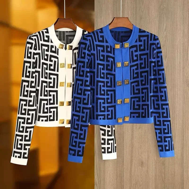 New Autumn Knitted Cardigan for Women Vintage Jacquard O Neck Long Sleeve Gold Buttons Sweater Streetwear Coat Knitwear Tops