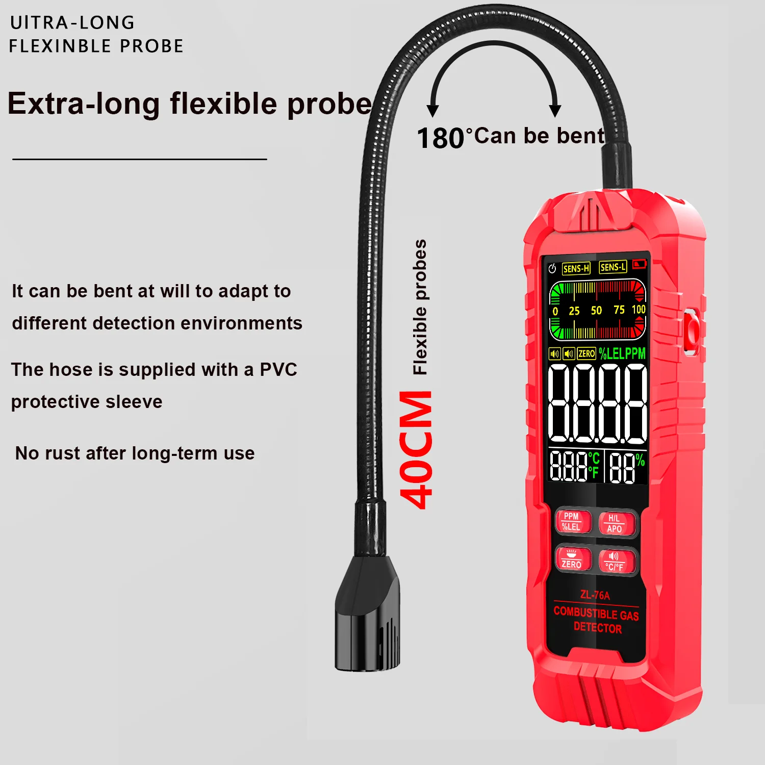 Color Large Screen Gas Leak Detector Analyzer Portable Gas Leak Detector Alarm Combustible Gas Detector Sound and Light Alarm