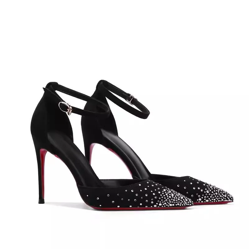 

Весенне-летние новые замшевые туфли с острым носком и стразами, тонкие банкетные платья на высоком каблуке, женские сандалии большого размера маленького размера