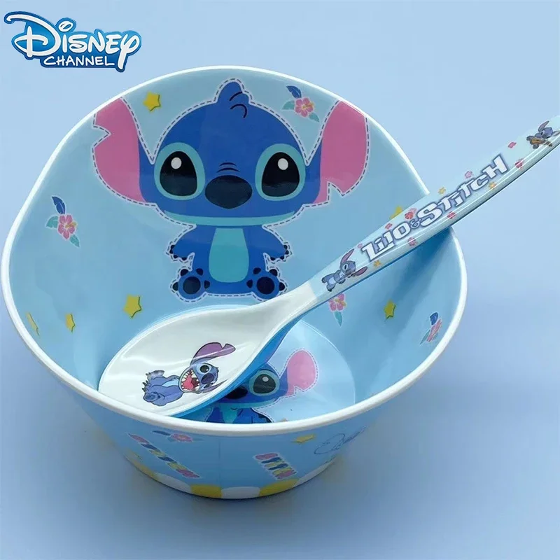 Disney Stitch Kids Bowl Spoon Set Cartoon Cute Tableware Gift Furniture Drop Resistant High Temperature Melamine Soup Bowl Spoon
