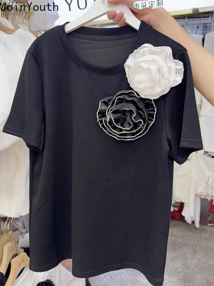 Camiseta feminina branca de manga curta com decote em O, tops grandes, floral 3D diamante, casual Y2k, chique, coreana, verão