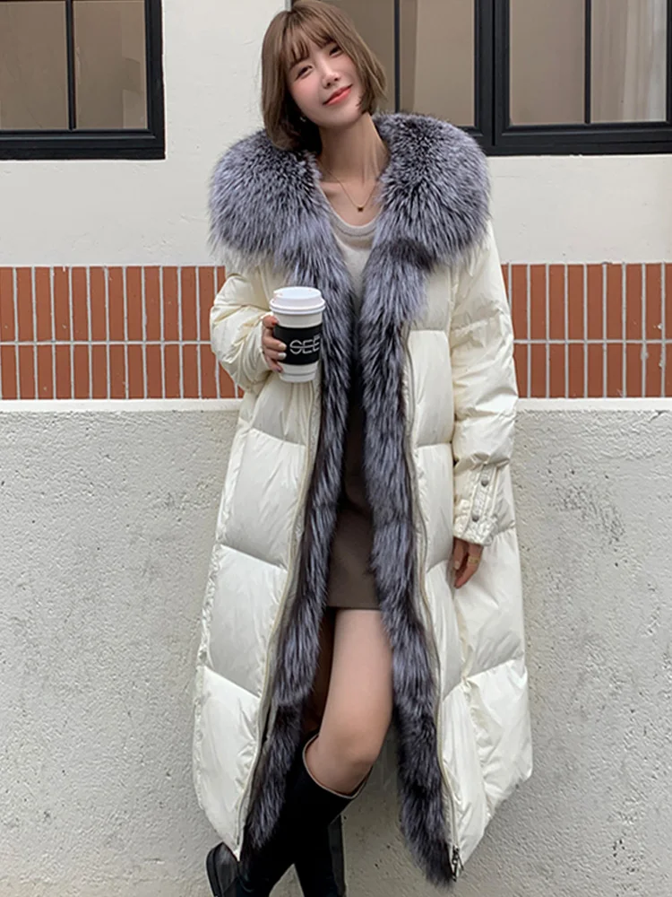 

Женский пуховик на белом утином пуху, свободное теплое пальто с воротником из натурального Лисьего меха, толстая верхняя одежда, зима 2024