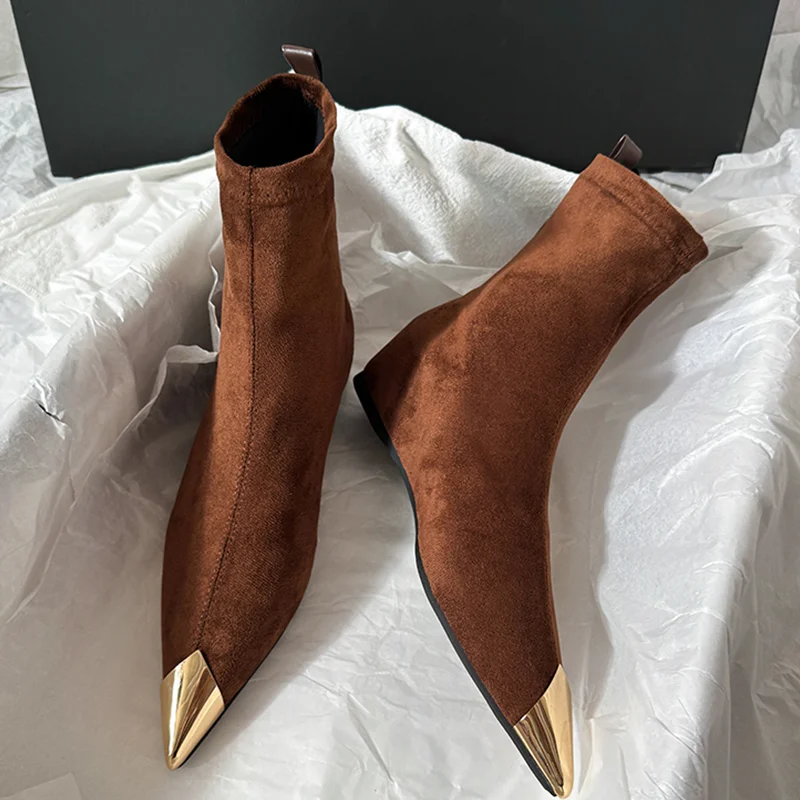 

High-end Women's Boots Luxury Pointed Toe Flats Suede Shoes for Woman Elegant Winter Chelsea Short Boots Brand Dress Mujer Botas