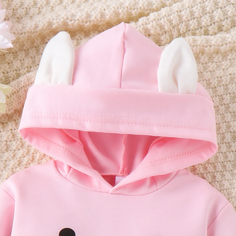 Newborn Baby Girl Easter Clothes Long Sleeve Bunny Hooded Romper Hoodie Rabbit Bodysuit  with Rabbit Tail