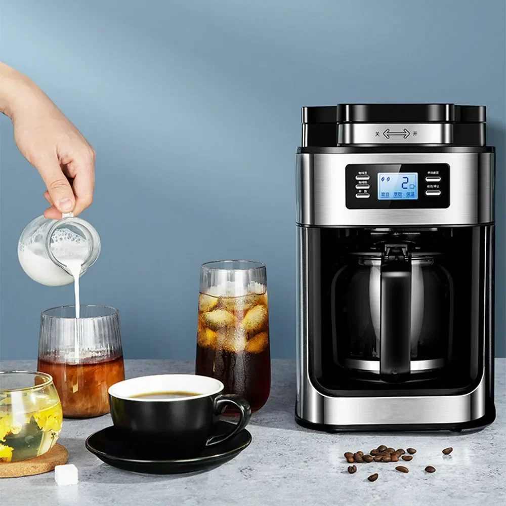 2 In1 Drip Coffee Maker Compatible Ground Coffee Beans Automatic Stainless Steel Coffee Maker Machine Digital Display Keep Warm