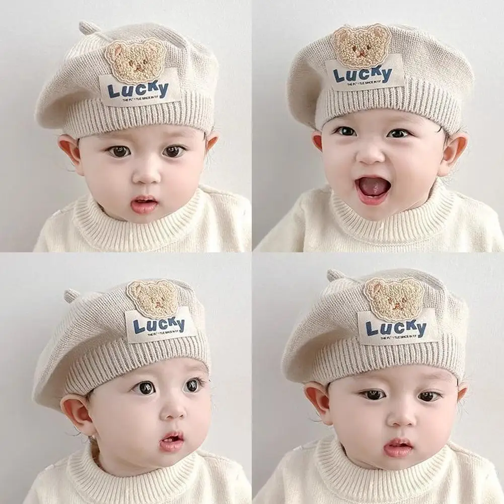 Bear Baby Beret Hat Winter Warm Knitted Beanie Cap For Infant Girls Korean Toddler Princess Artist Lucky Bear Painter Caps