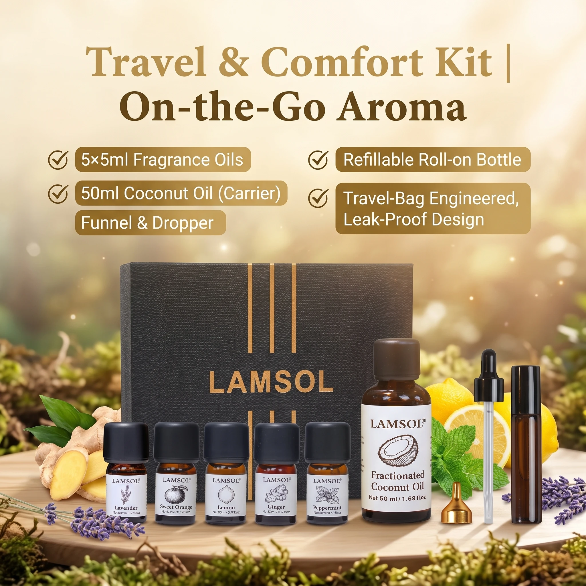 LAMSOL Luxury Home Fragrance Essential Oil Black Gift Set 75ml -5 Pure Oils & 50ml Carrier Oil Travel & Comfort Kit for Diffuser