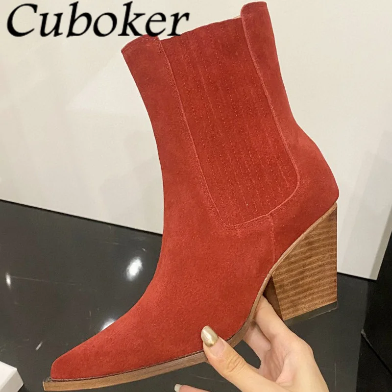 

2022 Runway Women's boots Pointy Toe Chelsea Suede Boots Short Ankle Chunky Heels Female Autumn Boots Designer Brand for Women