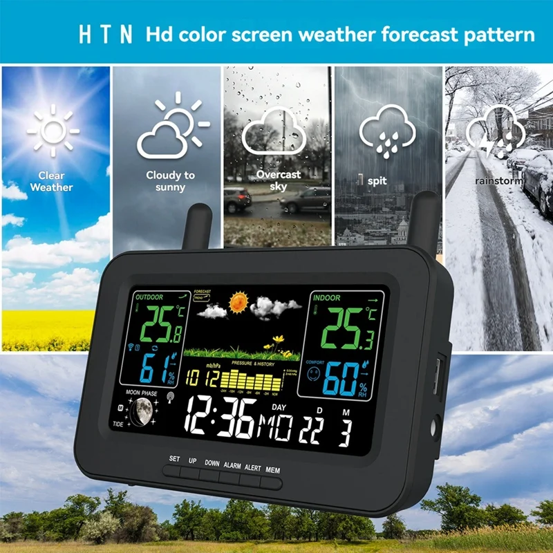 WISH Color Screen Digital Weather Station Sunrise And Sunset Thermometer Hygrometer With Wireless Outdoor Sensor US Plug