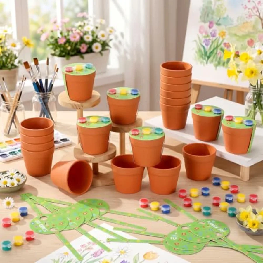 

30 Set Paintable Flower Pot with Drainage Craft Kit DIY Flower Plant Crafts with Paint Flowerpot Lid for Spring Summer Gardenin