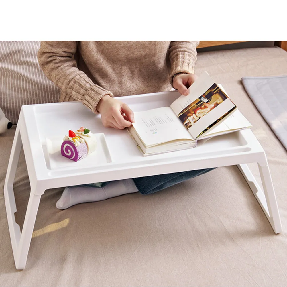 

Folding Laptop Holder White Compact Bed Table Breakfast Desk Foldable Legs Mobile Phone Groove for Home Dormitory Picnic